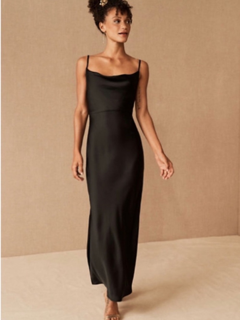 BHLDN Cali Black Satin Charmeuse Midi Dress Cocktail Evening Event Sz 6